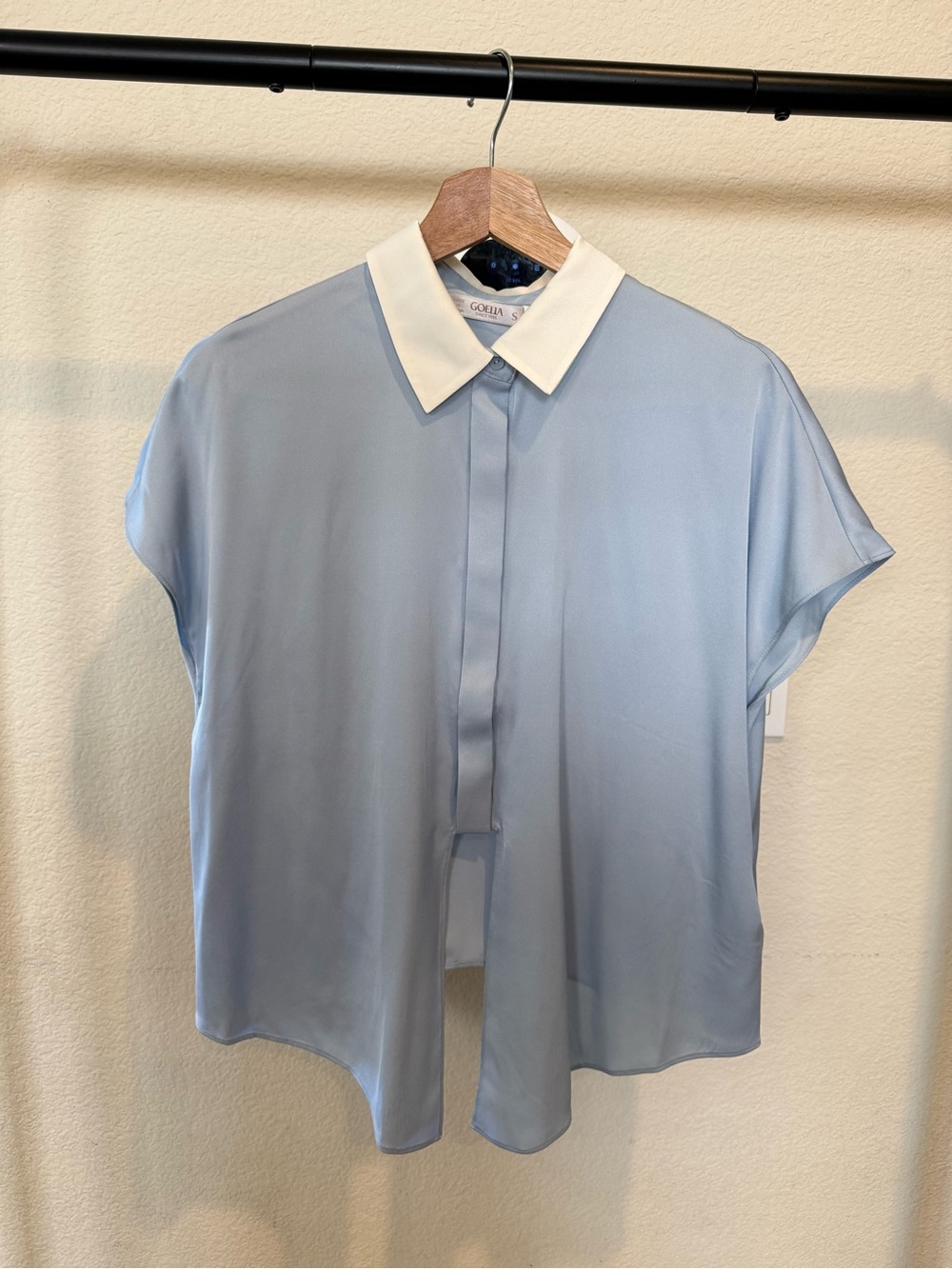 Silk Light Blue Short Sleeve Blouse with White Collar